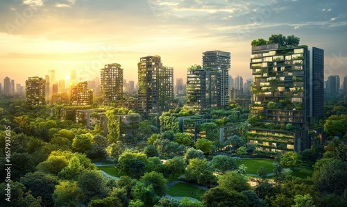 Sustainable urban design project concept, featuring a green cityscape with eco-friendly buildings and lush parks. This design reflects a future-focused approach to city planning, Generative AI
