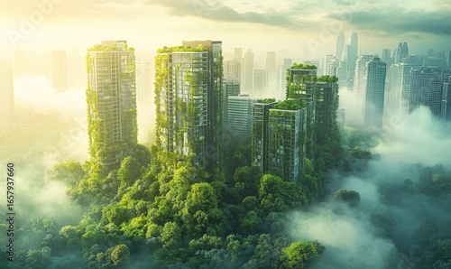 Sustainable urban design project concept, featuring a green cityscape with eco-friendly buildings and lush parks. This design reflects a future-focused approach to city planning, Generative AI