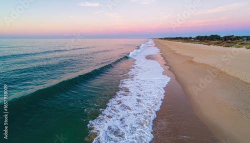 Coastal Serenity: Gentle waves roll onto the sandy shore under a pastel-hued sky, creating a tranquil scene of coastal beauty at sunset.