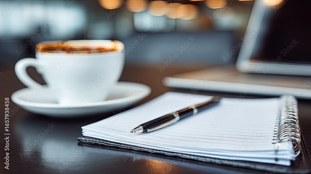 Fototapeta premium A spiral-bound notepad with a pen rests on a dark table, accompanied by a cup of coffee and a slightly blurred laptop.