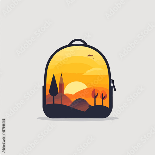 Backpack with Sunset Landscape, Pencil Tower, Trees, and Hills Illustration