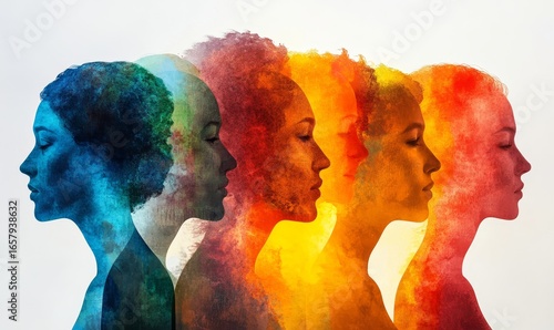 Diversity concept, depicted through colorful layers of a person's head silhouette, symbolizing unity and individuality, showcasing the blending of diverse cultures, backgrounds, Generative AI