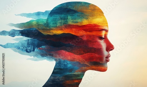 Diversity concept, depicted through colorful layers of a person's head silhouette, symbolizing unity and individuality, showcasing the blending of diverse cultures, backgrounds, Generative AI