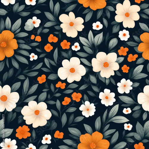 Wallpaper Mural Seamless floral pattern featuring orange and white flowers with green leaves on dark background, creating vibrant and elegant design Torontodigital.ca