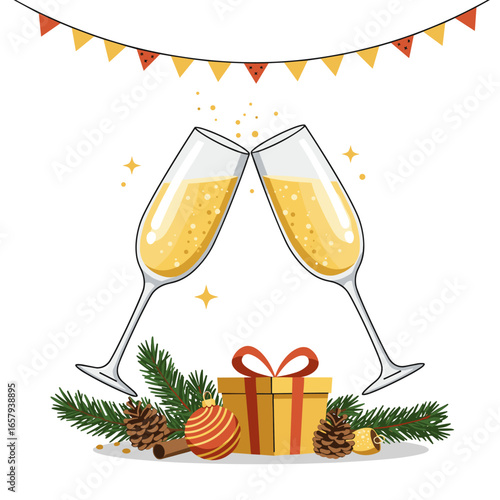 Two champagne flutes clinking in a celebratory toast, with Christmas gift and decorations, flat lay illustration against a white background, conveying a festive mood.