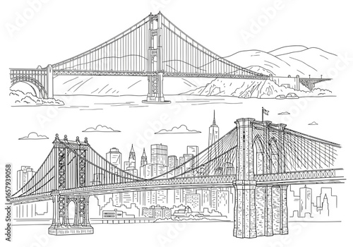 Line art illustration featuring the Golden Gate Bridge and the Brooklyn Bridge, showcasing their architectural details against skyline backgrounds.