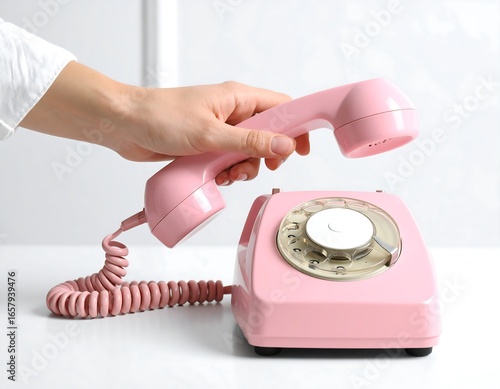 Woman's hand lifting a vintage pink rotary telephone