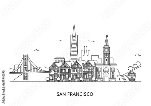 San Francisco skyline illustration featuring Golden Gate Bridge, Victorian houses, Transamerica Pyramid, and a cable car in a minimalist style.