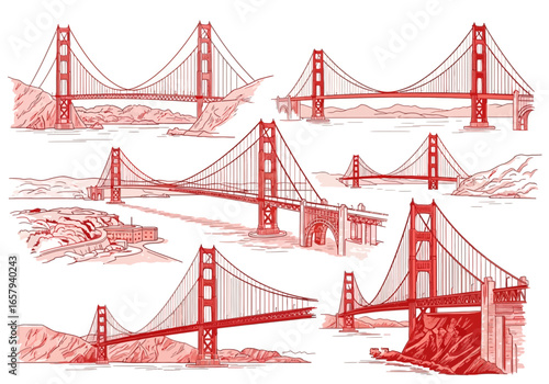 Collection of red sketch drawings of the Golden Gate Bridge from various perspectives, with land, water, and architectural details.