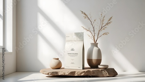 Minimalist product photography for skincare brand with natural elements and clean white background