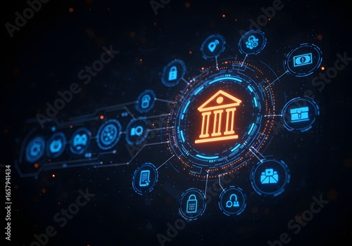 Glowing classical bank icon surrounded by digital interface elements representing finance, on a blue futuristic background, concept of digital banking