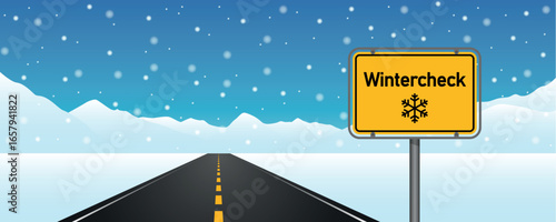 straight asphalted road in winter landscape with winter check traffic sign vector illustration