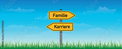 yellow traffic sign with german words family and career on nature background vector illustration