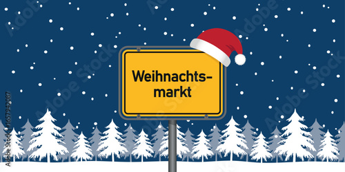 place sign with german word christmas market in snowy winter landscape vector illustration