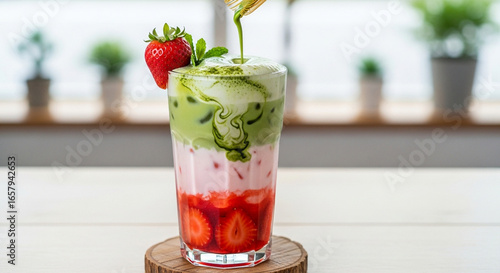 Wallpaper Mural A vibrant and refreshing layered beverage, this delightful drink artfully combines the sweetness of strawberries, the earthy tones of matcha, and the creaminess of milk. Torontodigital.ca