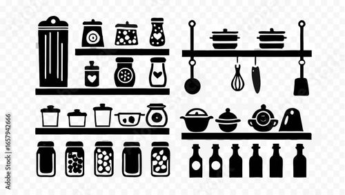 Kitchen Pantry Silhouettes with Jars, Pots, and Utensils