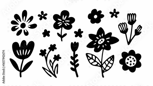 Set of Simple Black Flower Silhouettes