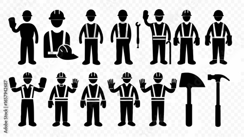 Diverse construction workers and tools depicted in professional silhouette style for industry projects.