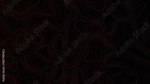Red topographic lines on black background topographic map