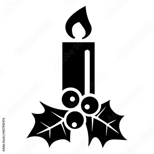 Tiempo de Navidad. Icono con silueta de vela de cera con hojas y bayas de acebo para tarjetas y felicitaciones