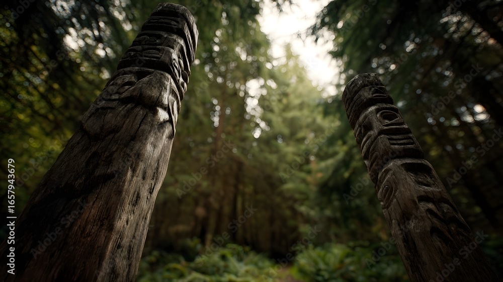 Fototapeta premium Decorated wooden totems standing in a serene forest