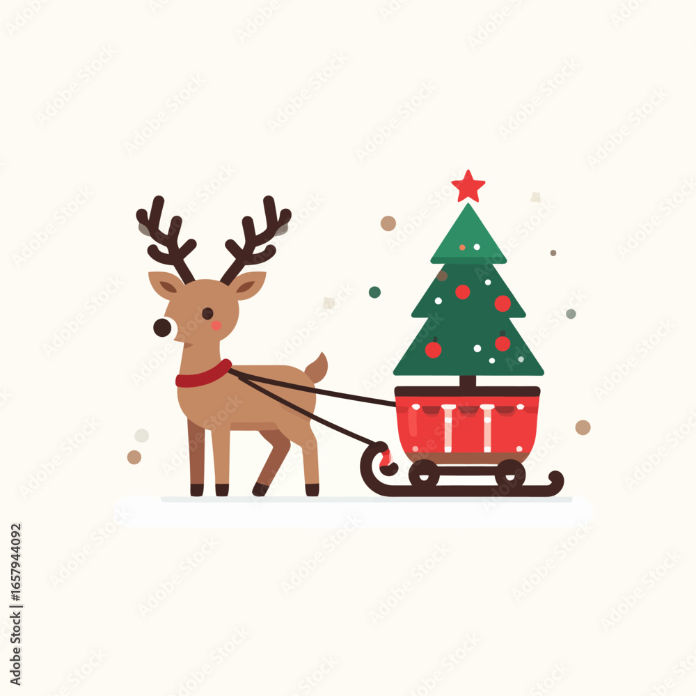 Naklejka premium Cartoon Reindeer Pulling Sleigh with Christmas Tree, Festive Holiday Scene