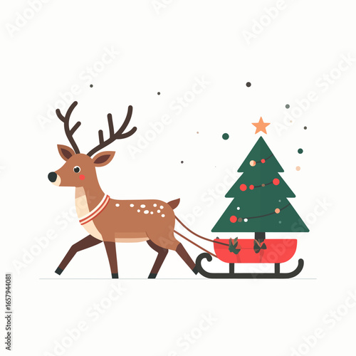 Cartoon Reindeer Pulling Christmas Tree on Red Sleigh, Festive Illustration