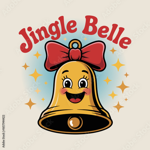 Jingle belle cartoon bell with red bow and friendly smile, classic christmas icon for tags, labels, stickers and cards