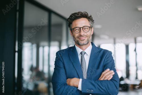 Un hombre de negocios de 40 años feliz, con traje azul marino, camisa blanca y gafas, de pie con los brazos cruzados en una oficina bien iluminada, irradia profesionalismo y un comportamiento amable. 