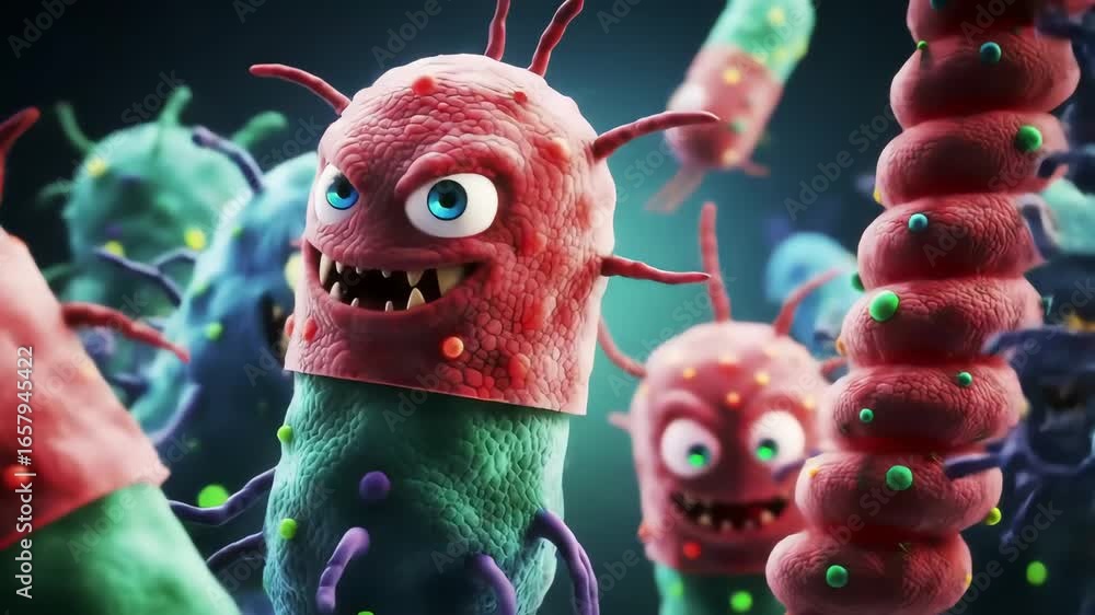 Angry bacteria cartoon illustration of microscopic pathogenic germs and ...