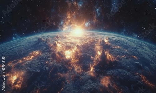 Space exploration concept, with an astronaut in a spacesuit against the vast expanse of space, highlighting the human pursuit of knowledge and discovery beyond our planet, with Earth, Generative AI