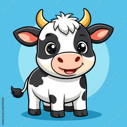 Cartoon Cow with Black Spots and Golden Horns Illustration