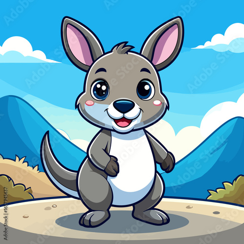 Adorable cartoon baby kangaroo with big blue eyes and a friendly smile, standing happily.
