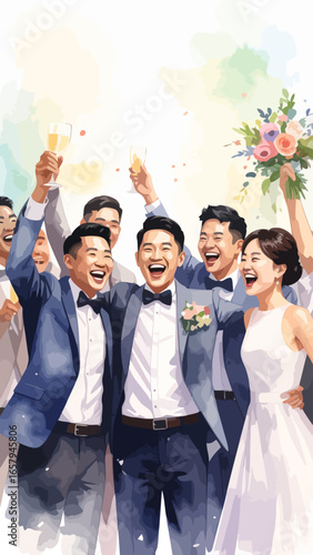 Joyful Wedding Celebration with Groomsmen and Bride Toasting Champagne
