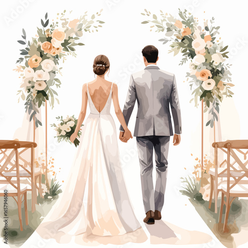 Elegant watercolor illustration of a bride and groom holding hands, walking down the aisle.