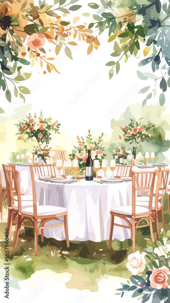 Obraz premium Elegant watercolor illustration of an outdoor wedding reception table set for a celebration.