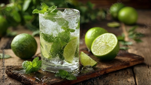 Wallpaper Mural Refreshing mojito cocktail with fresh mint and lime on rustic wooden table Torontodigital.ca