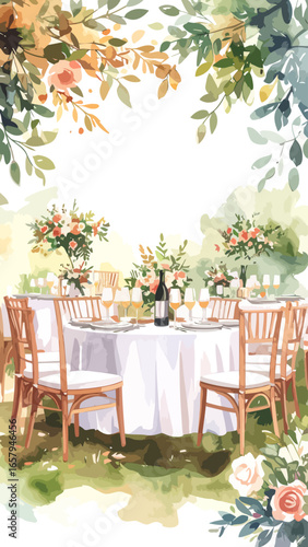 Elegant watercolor illustration of an outdoor wedding reception table set for a celebration.