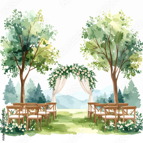 Watercolor illustration of a rustic outdoor wedding ceremony with a floral arch and wooden chairs.