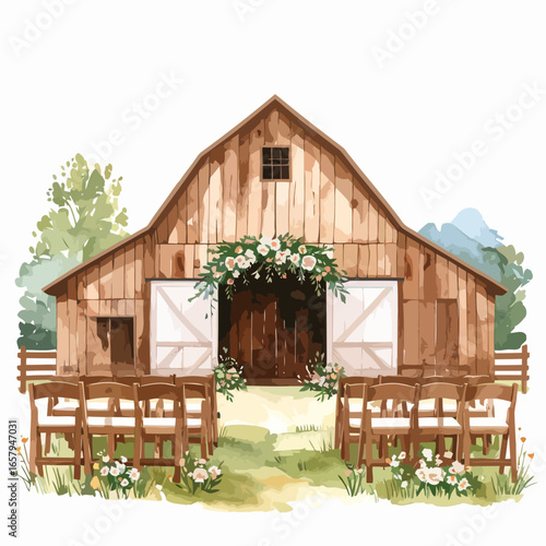 Watercolor Illustration of a Rustic Barn Wedding Ceremony Venue with Floral Decorations