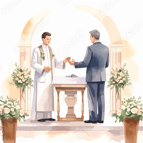 A gentle watercolor illustration of a priest and groom during a serene wedding ceremony at the altar.
