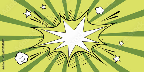 A vibrant comic book-style explosion graphic.  Bright, lime green radiating outward from a central white burst.  The background is filled with radiating lines and a dotted effect, adding to the dynami