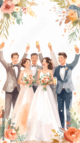 Joyful watercolor illustration of a wedding party toasting with champagne glasses.