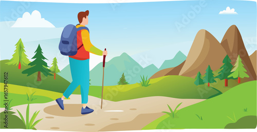 Hiker with a backpack and trekking poles walking along a scenic trail surrounded by trees and mountains.