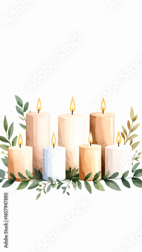 A watercolor illustration of seven burning pillar candles in various neutral tones surrounded by green foliage.