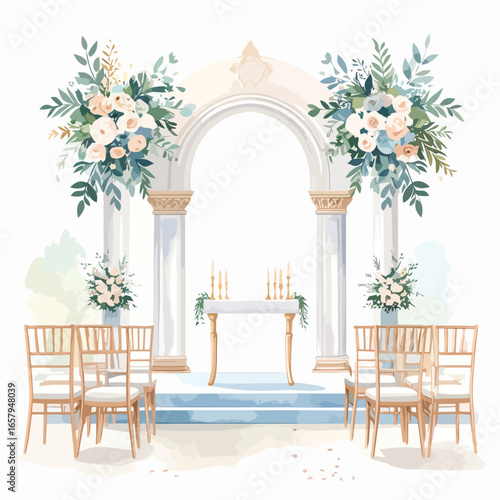 Elegant Wedding Ceremony Arch with Floral Arrangements and Seating