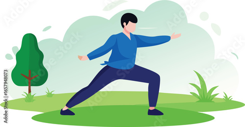 A man practicing tai chi in a serene park, surrounded by greenery and sunlight.