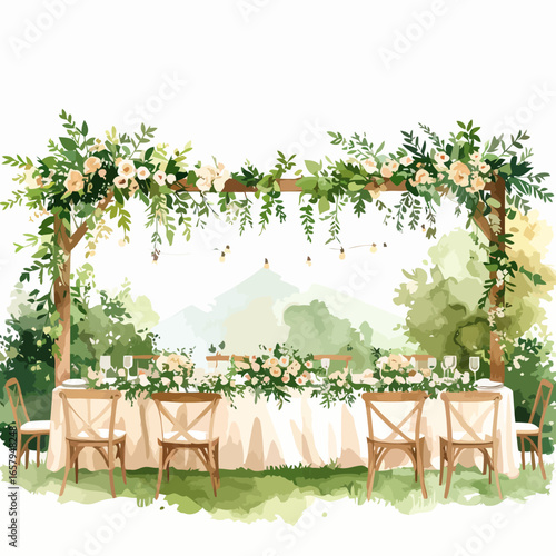 Romantic outdoor wedding banquet table under a wooden arch with lush greenery, cream roses, and hanging lights in a watercolor style.