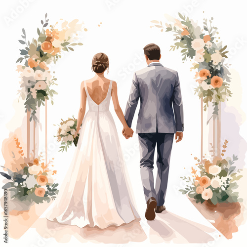 Watercolor wedding couple walking hand-in-hand, bride in elegant white gown, groom in grey suit.