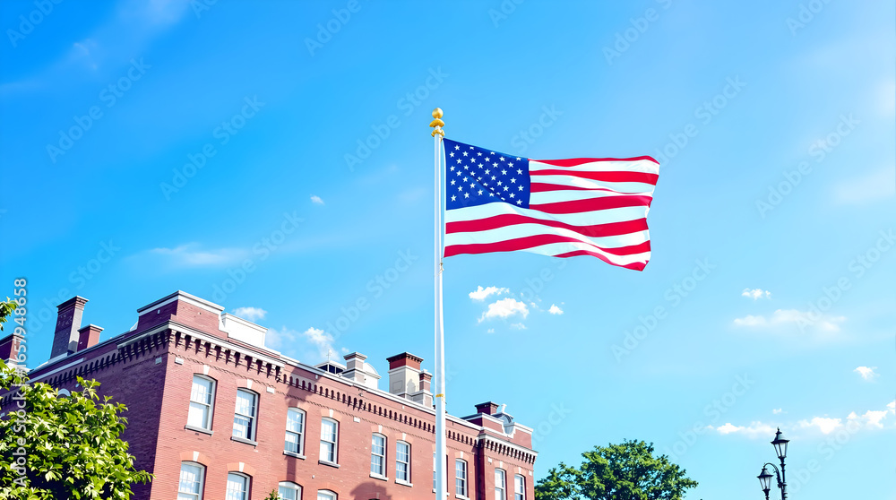 Fototapeta premium American Flag with Classic Building